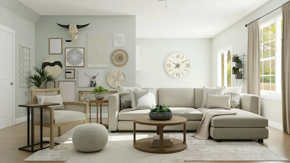 Intérieur chaleureux avec matières naturelles et mobilier soigné
