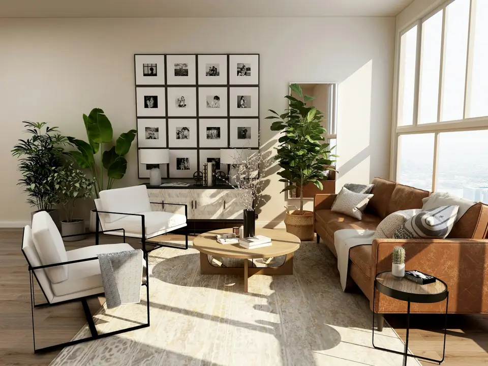 Salon lumineux et soigneusement préparé, ouvert sur la végétation